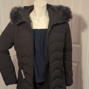 Women's Black Puffer Coat with Faux Fur Hood